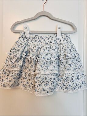 LoveShackFancy Girls Billie Blue and White Floral Ruffle Skirt